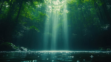 Sunlight filters through dense green foliage, casting ethereal light on cascading water in a serene forest.の素材