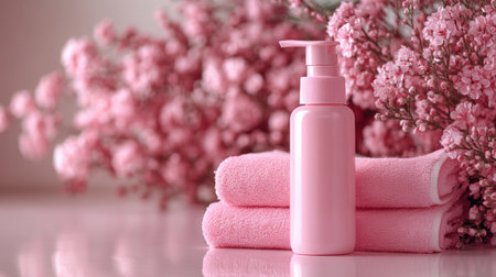A pink lotion bottle stands elegantly next to two fluffy towels amidst delicate blooms, exuding relaxation and beauty.の素材