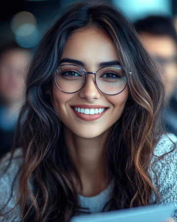 A young woman beams with joy, engaging in her studies at a bustling cafの素材