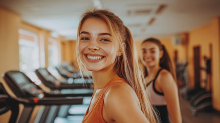 Two young women share smiles while exercising at the gym, embodying friendship and healthy living.の素材