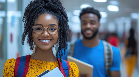 A cheerful female student eagerly holds her books while walking with friends in a bright school corridor.の素材