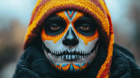 Individual adorned with intricate face paint stands outdoors, surrounded by autumn foliage.の素材