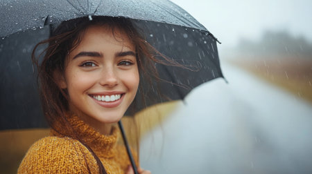 A young woman smiles brightly while holding an umbrella during a rain shower.の素材