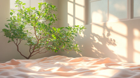 Soft morning light illuminates a tranquil room, where a leafy plant gracefully offers a touch of nature by the bed.の素材