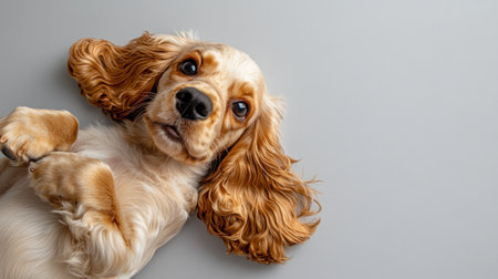A playful cocker spaniel puppy lies on its back with fluffy ears and bright eyes, exuding charm and curiosity.の素材