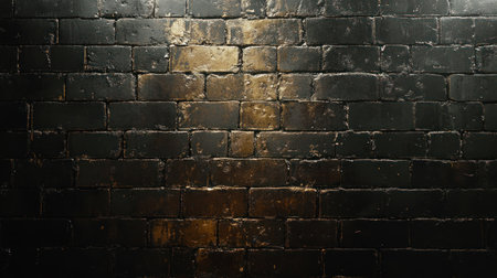 A textured black brick wall showcases subtle gold and brown highlights, creating an intriguing visual effect.の素材