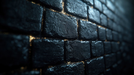 Close up view of a black brick wall showing textures and reflections in dim lighting.の素材