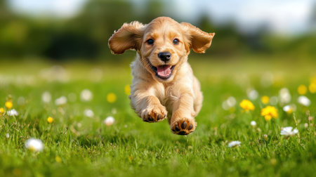 A playful puppy leaps across a vibrant green meadow dotted with colorful flowers under a bright sky.の素材