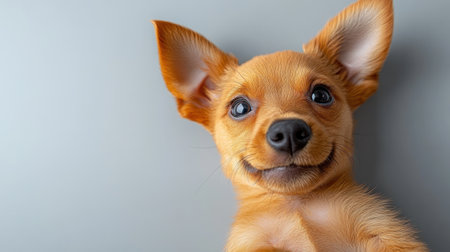 A playful orange puppy with large ears looks curiously at the camera with a joyful expression.の素材