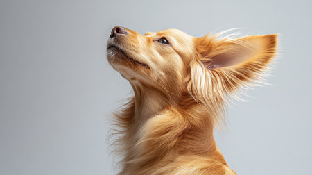 A golden retriever mix stands elegantly, its ears perked and fur glistening under soft lighting.の素材