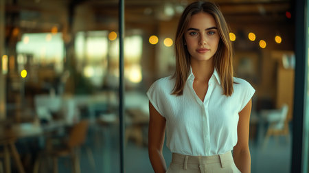 Young woman poses with confidence in a stylish cafe filled with warm lights and inviting decor.の素材