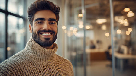 Smiling young man poses in a bright office setting wearing a stylish sweater, radiating positivity.の素材