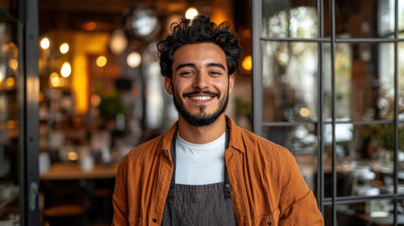 A joyful young man stands at the entrance of a vibrant cafe, welcoming customers.の素材