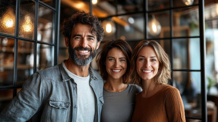 Three friends smile in a cafe with warm lights and modern decor, creating a lively vibe.の素材