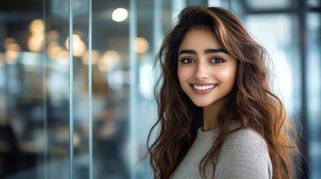 A smiling young woman stands in a sleek office with large windows, exuding positive energy.の素材