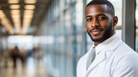 Healthcare professional stands proudly in a contemporary medical facility with natural light.の素材