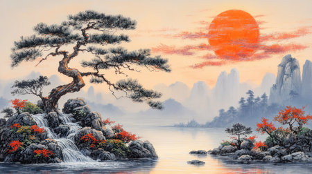 A vibrant sunset casts warm colors over calm waters, framed by majestic mountains and lush trees.の素材