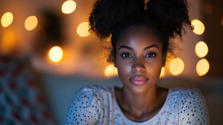 A young woman with curly hair gazes thoughtfully, surrounded by soft warm lights in the evening atmosphere.の素材