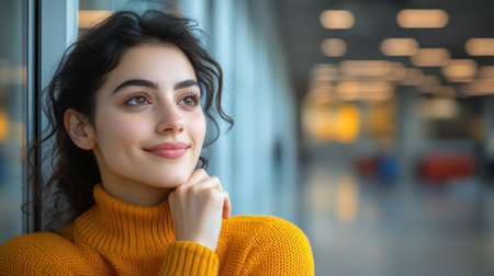 Warmly dressed woman reflects while looking outside through a large window in a bright environment.の素材