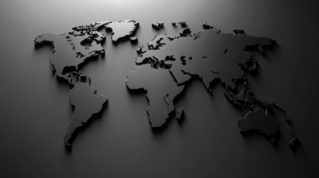 Black world map displaying geographic outlines with shadows against a dark background.の素材