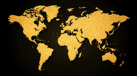 Modern world map with yellow geometric lines on black, showing global connections.の素材
