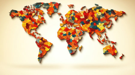 A vibrant map showcases global diversity through colorful segments representing various regions and cultures.の素材