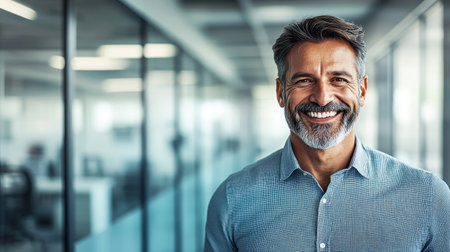 Businessman with a beard smiles confidently in a contemporary office with glass partitions and bright light.の素材