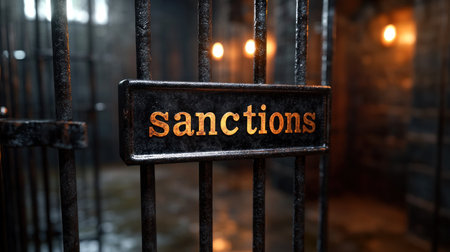A dim prison with rusted bars and a sanctions sign, evoking a sense of confinement.の素材