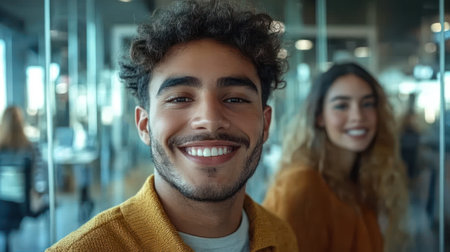 Two friends share smiles and laughter indoors while enjoying a social gathering in a bright space.の素材