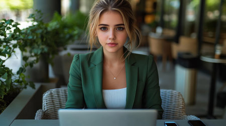 Woman focused on laptop while sitting at outdoor cafe surrounded by greenery and sunlight.の素材