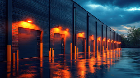 Raindrops glisten on the pavement as warm lights glow from warehouse doors at twilight.の素材