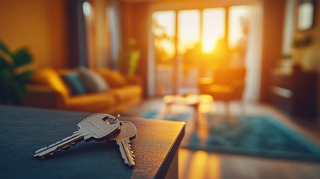 Keys are placed on a table in a cozy living room with sunlight streaming through the windows.の素材