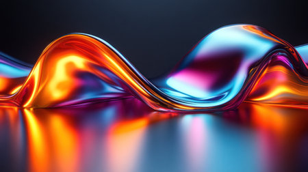 Bright waves of metallic material ripple gracefully, reflecting vibrant colors in a dark setting.の素材