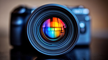 Close up of a camera lens showcasing vivid colors in its reflection against a soft background.の素材