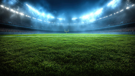 Empty football field with bright stadium lights illuminating the green grass under a night skyの素材