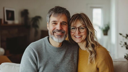 Smiling couple relaxes on a couch in their stylish living room, basking in the warmth of the sunlight.の素材