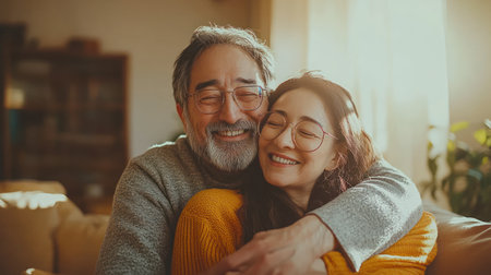 A joyful elderly couple embraces each other on a comfortable sofa, surrounded by warm sunlight.の素材