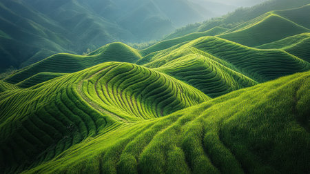 Rolling hills of vibrant green rice terraces bask in gentle morning light, creating a serene landscape.の素材