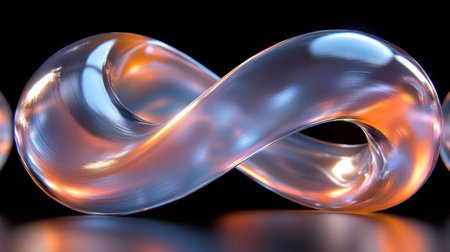 A glass infinity symbol glows with orange highlights against a dark background, showing smooth curves.の素材