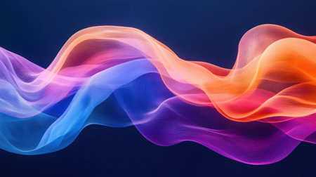 Colorful waves flow and blend, showing a mix of blue, orange, pink, and purple tones on a dark background.の素材