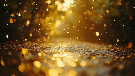 Raindrops sparkle like jewels on a forest path, lit by soft morning light and natures beauty.の素材