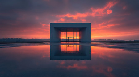 A stunning sunset casts vibrant colors on modern architecture, beautifully mirrored in the still water below.の素材
