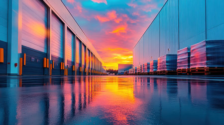 Colorful sunset casts reflections on a warehouses wet surface, highlighting the storage area and sky.の素材