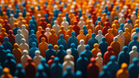 Numerous small figures in bright colors create a vibrant representation of community and unity.の素材