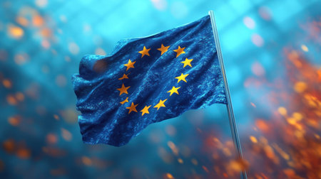 Flag of the European Union flutters against a vibrant backdrop filled with colorful sparks and light.の素材