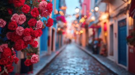 A narrow cobblestone street lined with colorful buildings and blooming flowers creates a charming atmosphere.の素材