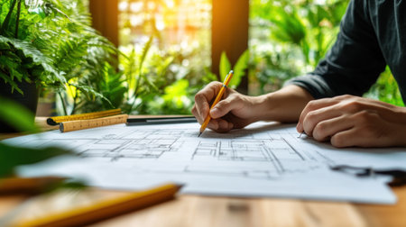 Hands sketching architectural plans surrounded by lush greenery and warm sunlightの素材