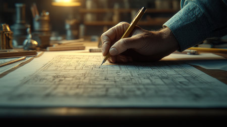 A hand expertly sketches detailed architectural plans on paper surrounded by tools in a workshop.の素材