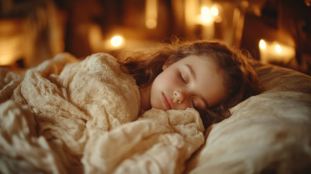 A child rests soundly, surrounded by soft blankets and the gentle glow of candles in a serene setting.の素材