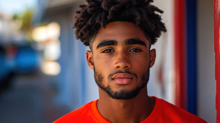 A young man stands with a serious expression, showing his unique hairstyle in an urban environment.の素材